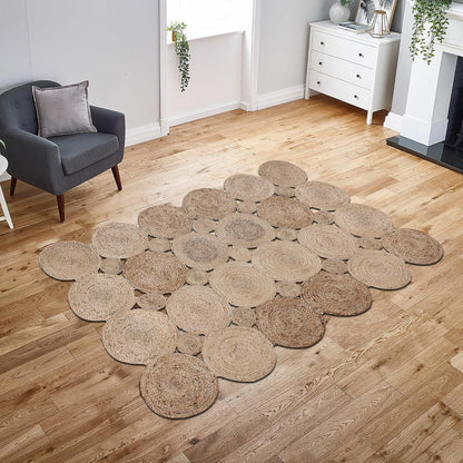 Natural Jute Area Rug featuring a unique round design—handmade jute adds texture to any living space.