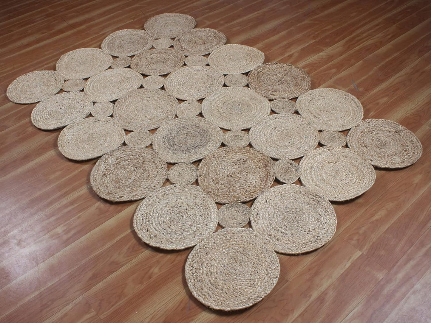 Natural Jute Area Rug with a unique circular design — handcrafted from eco-friendly materials for a textured look.