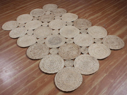 Natural Jute Area Rug with a unique circular design — handcrafted from eco-friendly materials for a textured look.