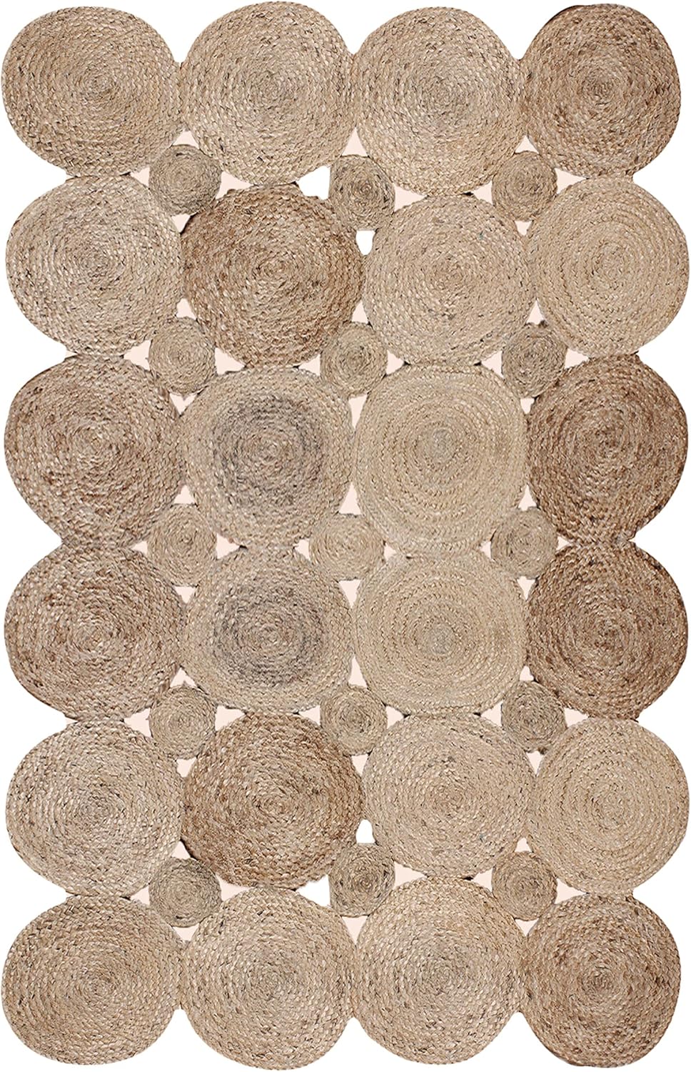 Natural Jute Area Rug featuring a textured design with circular patterns in earthy tones, perfect for enhancing any room.