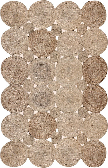 Natural Jute Area Rug featuring a textured design with circular patterns in earthy tones, perfect for enhancing any room.