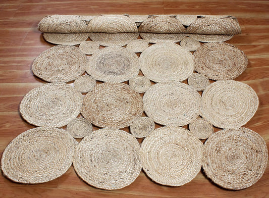 Natural Jute Area Rug featuring a textured design with round shapes, perfect for enhancing any living space.