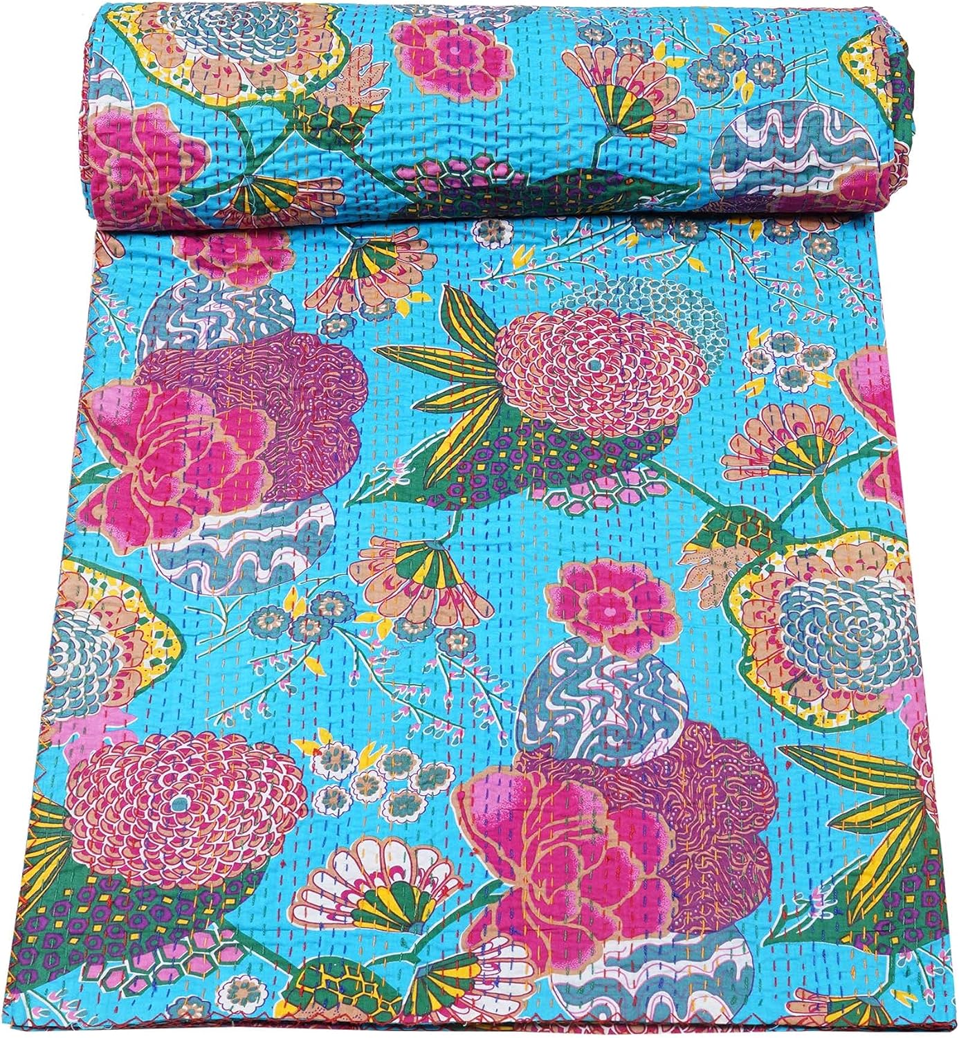 Turquoise Kantha quilt by Handmade Floral Cotton Blanket, featuring a vintage bedspread and floral patterns.
