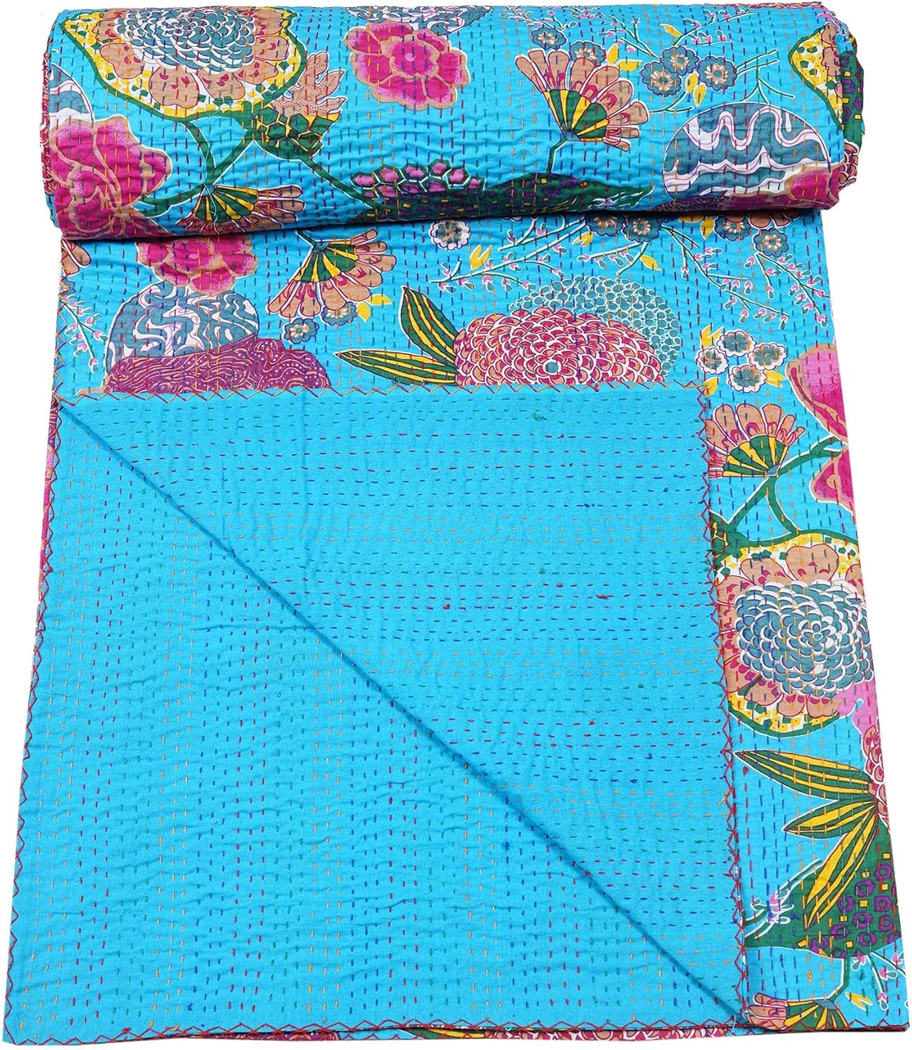 Turquoise kantha quilt by handmade, floral cotton blanket with boho vintage bedspread styling.