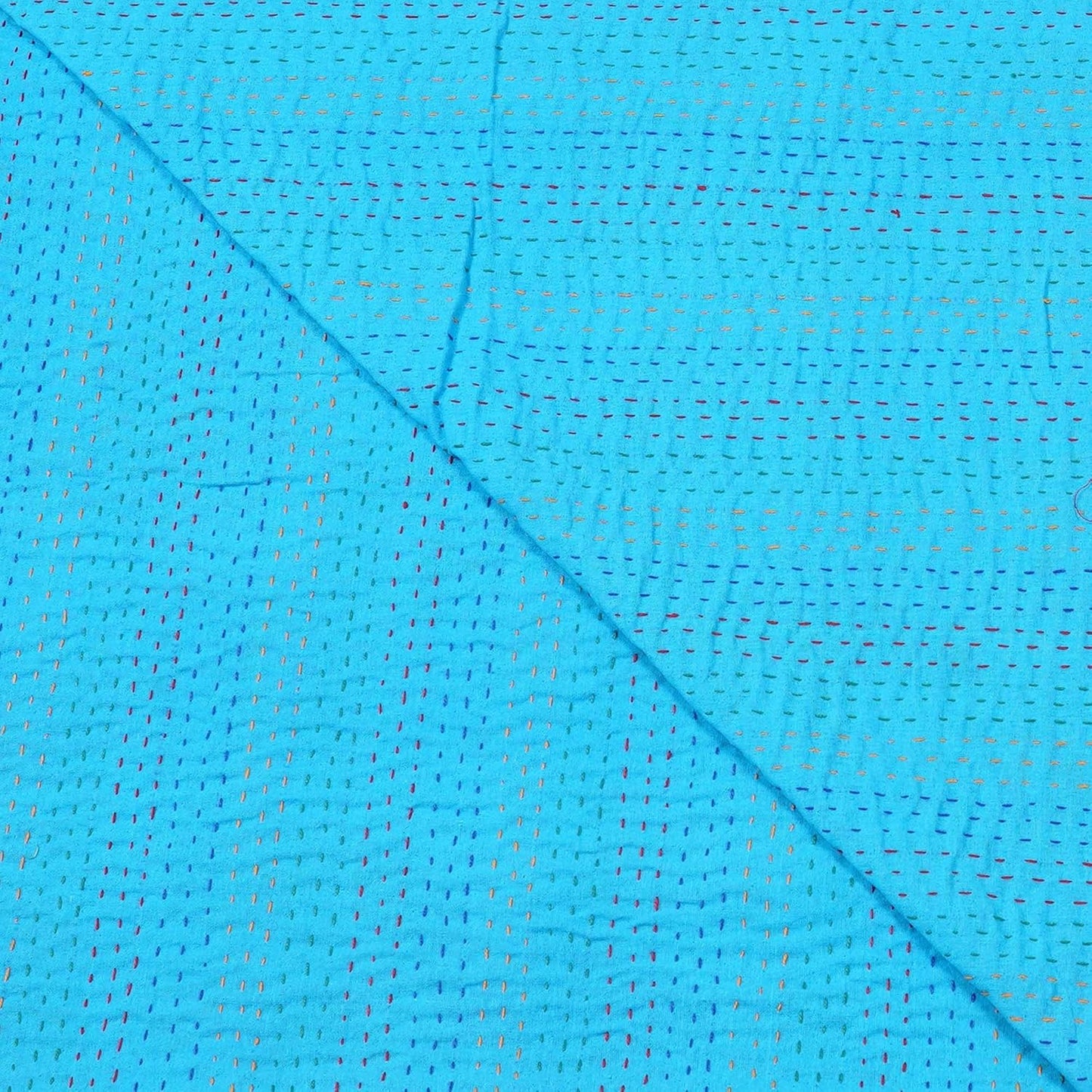 Turquoise Kantha quilt from handmade floral cotton, a boho vintage bedspread.
