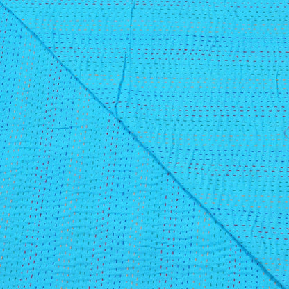 Turquoise Kantha quilt from handmade floral cotton, a boho vintage bedspread.