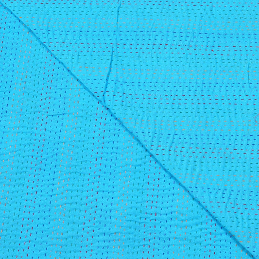 Turquoise Kantha quilt from handmade floral cotton, a boho vintage bedspread.