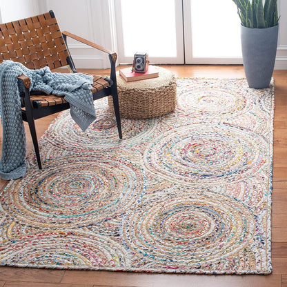 Natural Jute Area Rug featuring a vibrant circular pattern — perfect for adding texture to any living space.