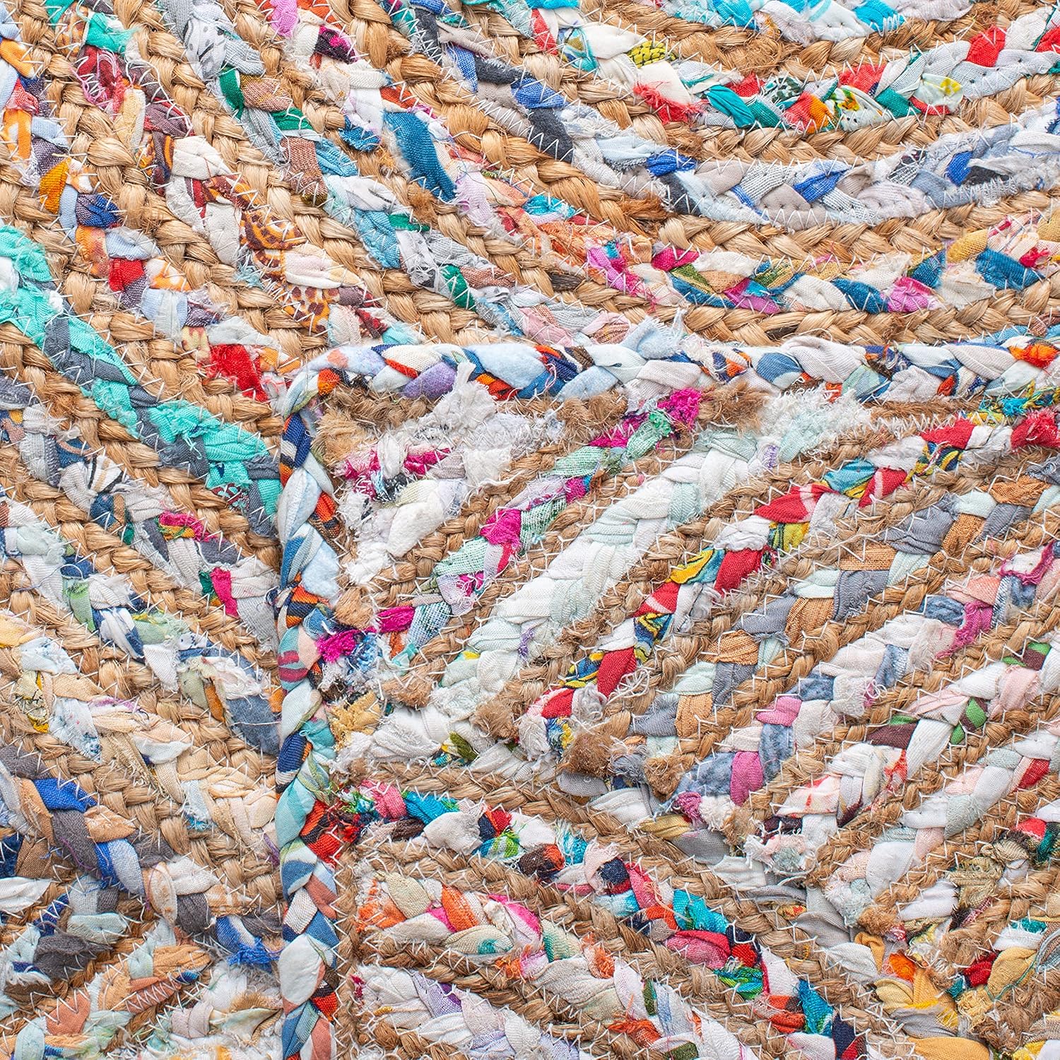 Handmade Natural Jute Area Rug featuring colorful woven patterns — ideal for adding texture to any living space.