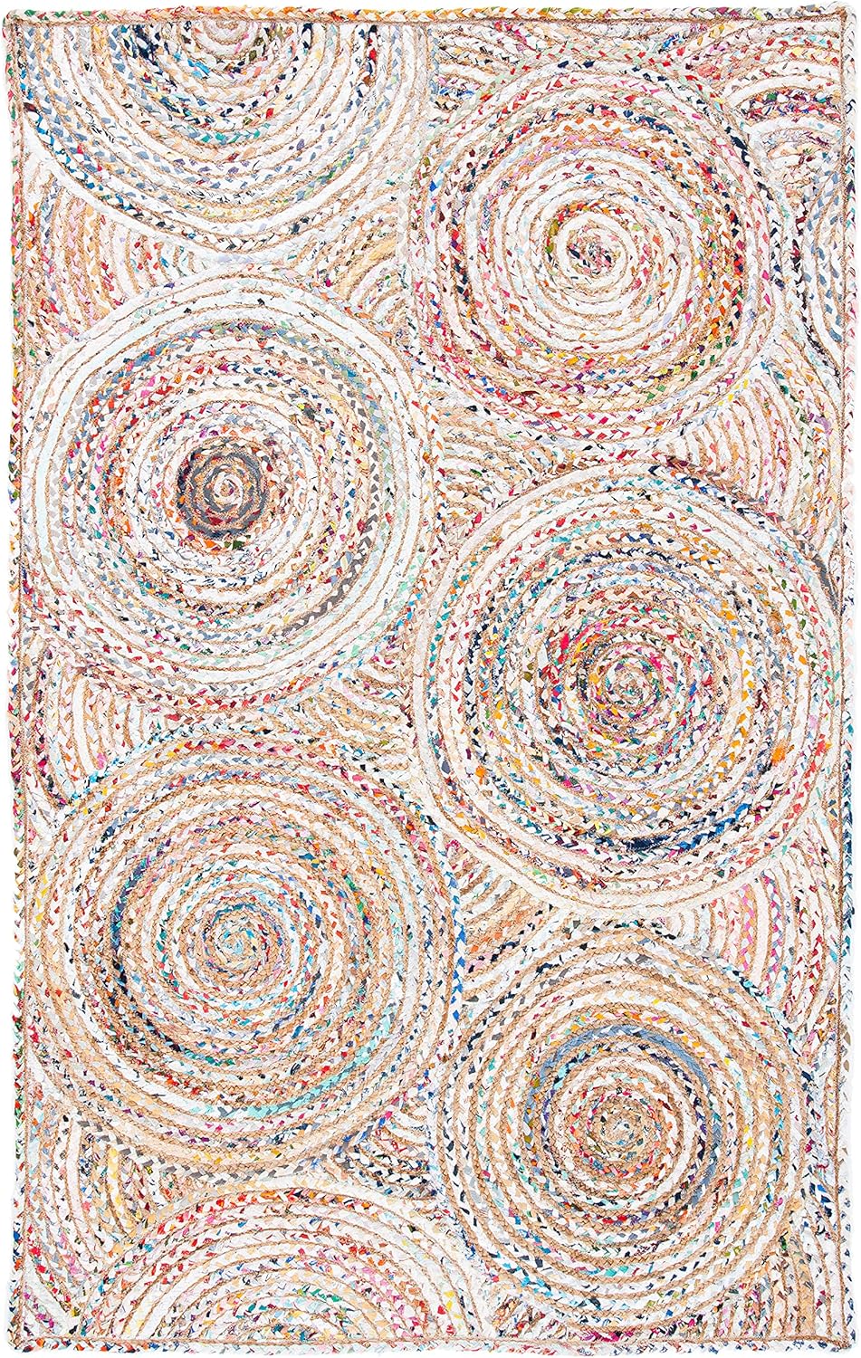 Natural Jute Area Rug featuring colorful spiral patterns, perfect as a decorative floor carpet for any room.