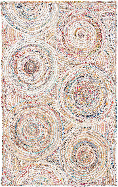 Natural Jute Area Rug featuring colorful spiral patterns, perfect as a decorative floor carpet for any room.