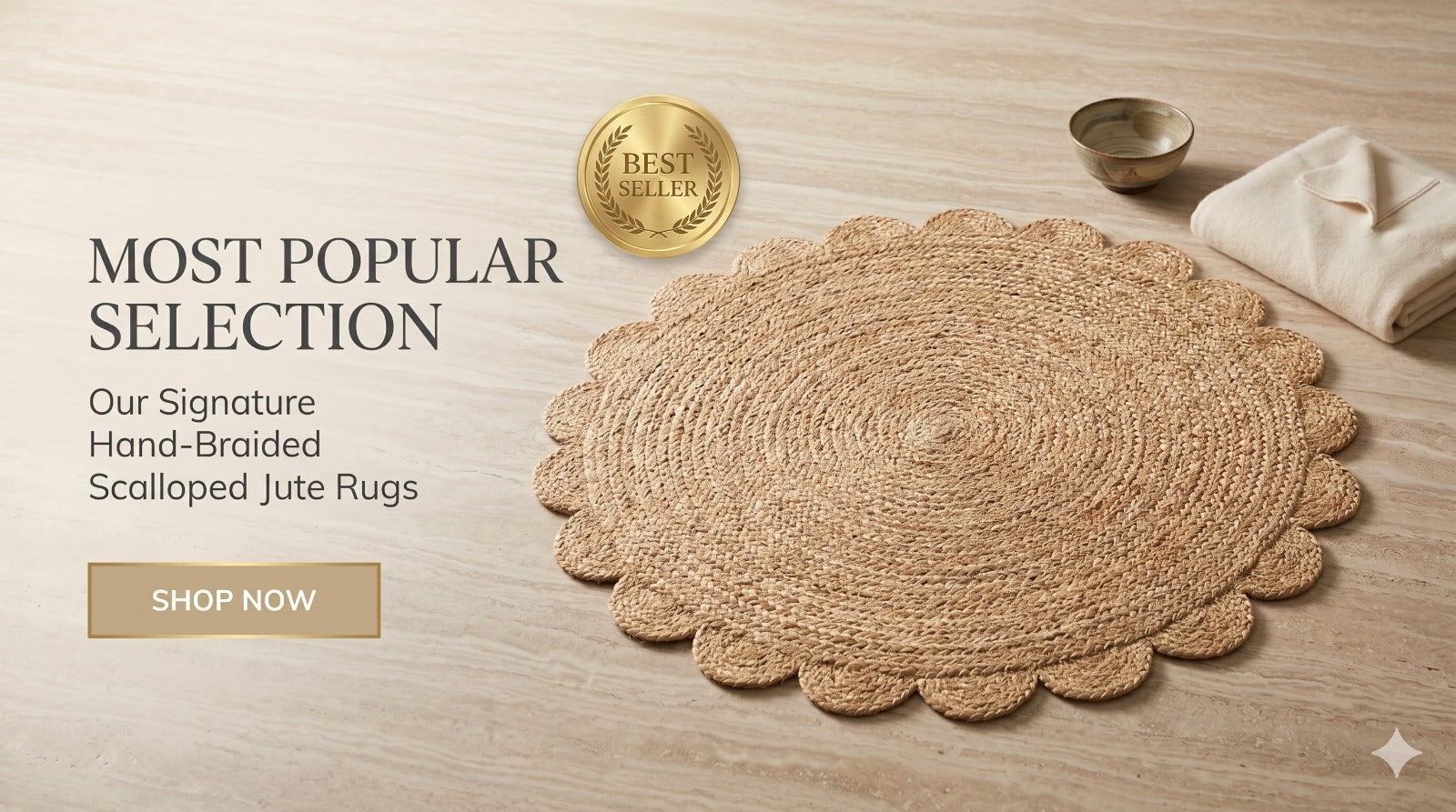 Natural jute area rug with a scalloped edge, placed on a light surface, accompanied by a bowl and towel.