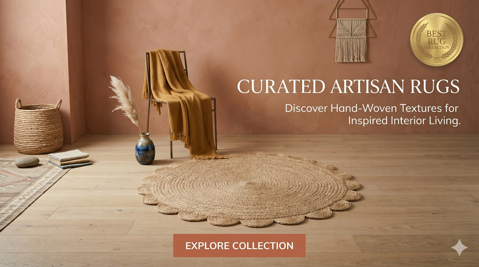 Natural jute area rug in a round shape on wooden floor, accompanied by a chair and decorative items.