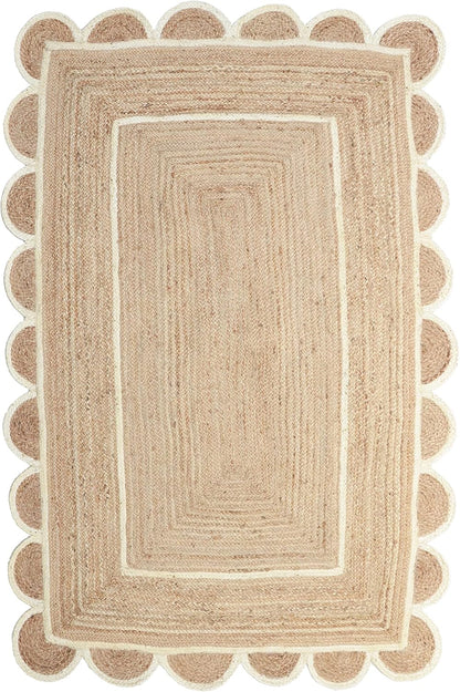 Handmade Natural White Scalloped Jute Rug Rectangle Braided Area Rug Farmhouse Boho Coastal Living Room Bedroom Entryway Rug