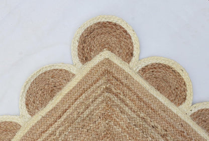 Handmade Natural White Scalloped Jute Rug Rectangle Braided Area Rug Farmhouse Boho Coastal Living Room Bedroom Entryway Rug