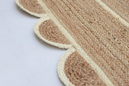 Handmade Natural White Scalloped Jute Rug Rectangle Braided Area Rug Farmhouse Boho Coastal Living Room Bedroom Entryway Rug