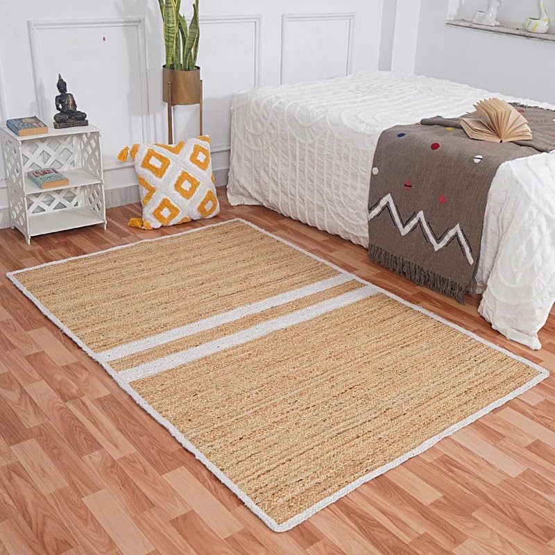 Natural Jute Area Rug beige Floor Carpet with white border stripes for bedroom living room
