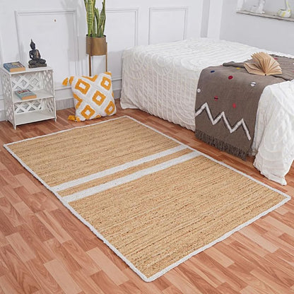 Natural Jute Area Rug beige Floor Carpet with white border stripes for bedroom living room