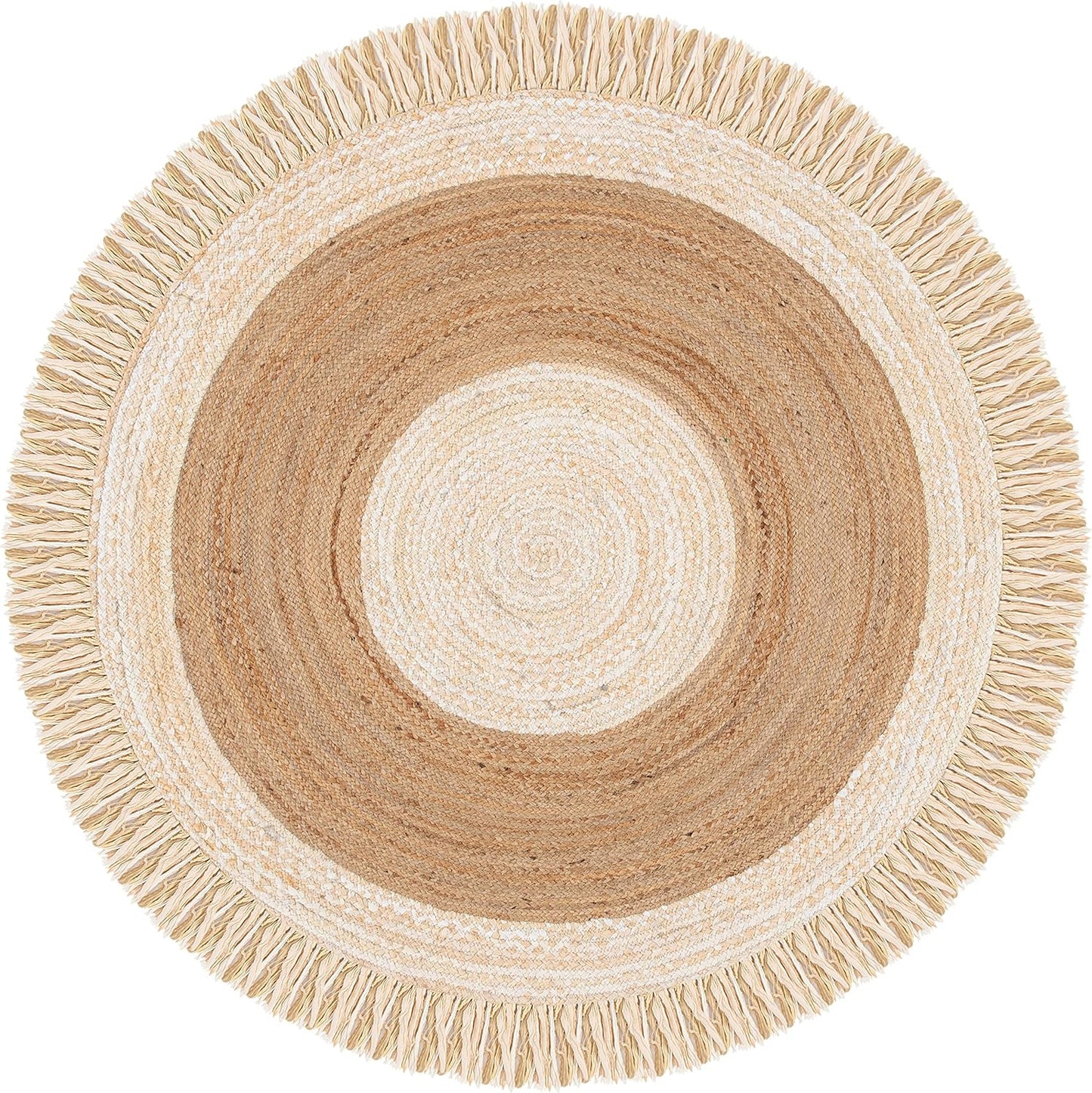 A round braided rug with concentric rings in cream, tan, and light brown, finished with fringe trim around the edge, shown on a plain white background.