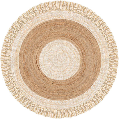 A round braided rug with concentric rings in cream, tan, and light brown, finished with fringe trim around the edge, shown on a plain white background.