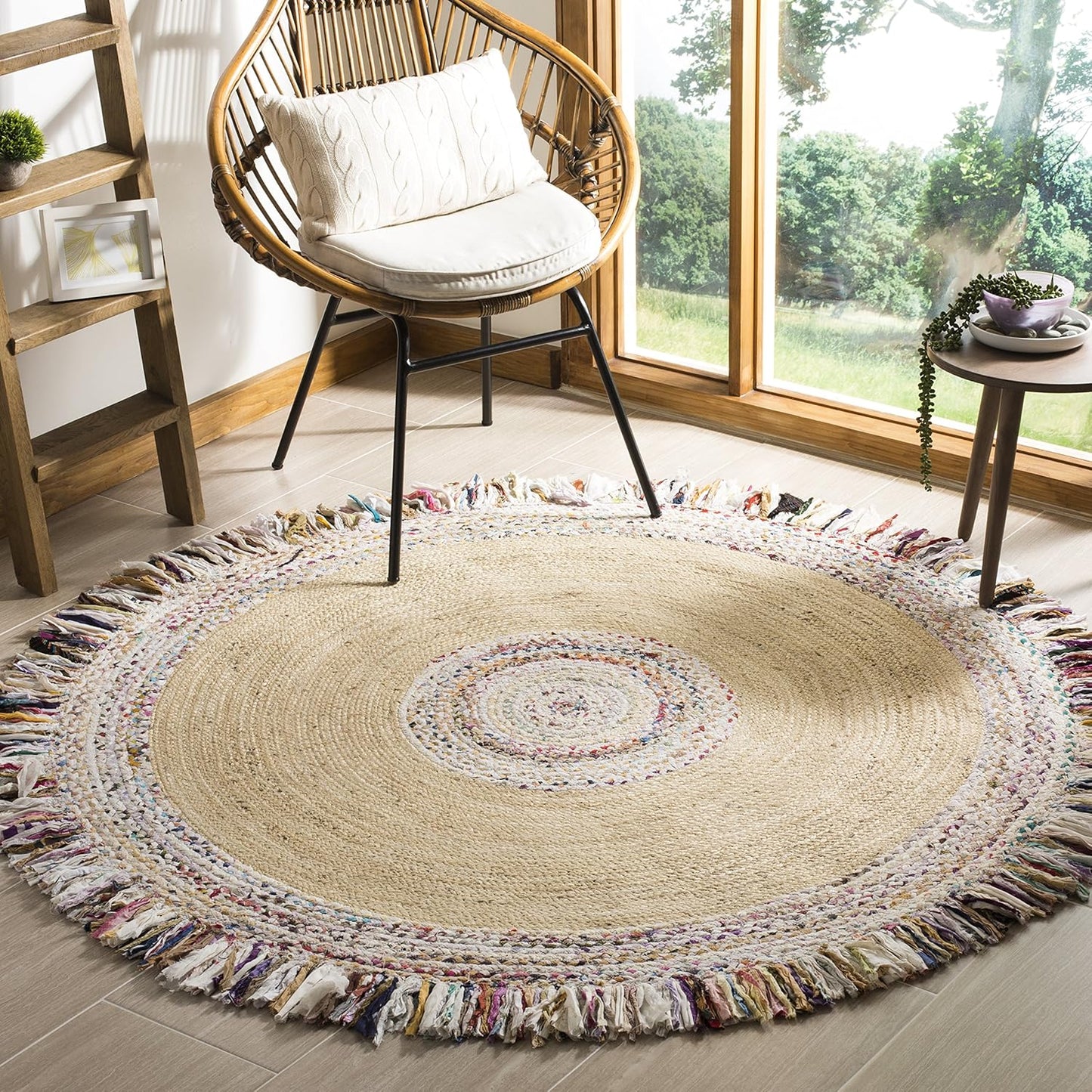 Natural Jute Area Rug with colorful fringes, perfect for adding texture to a cozy living space.