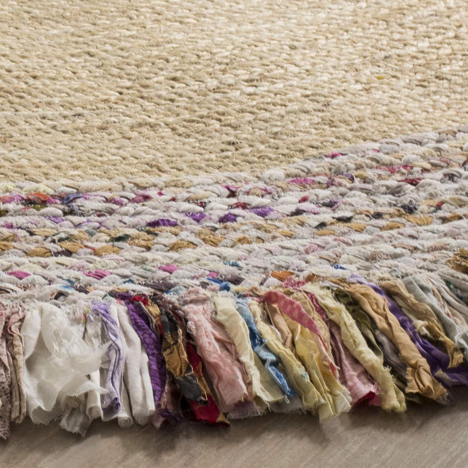 Natural Jute Area Rug featuring colorful woven fringe—ideal as a cozy floor carpet for any indoor space.