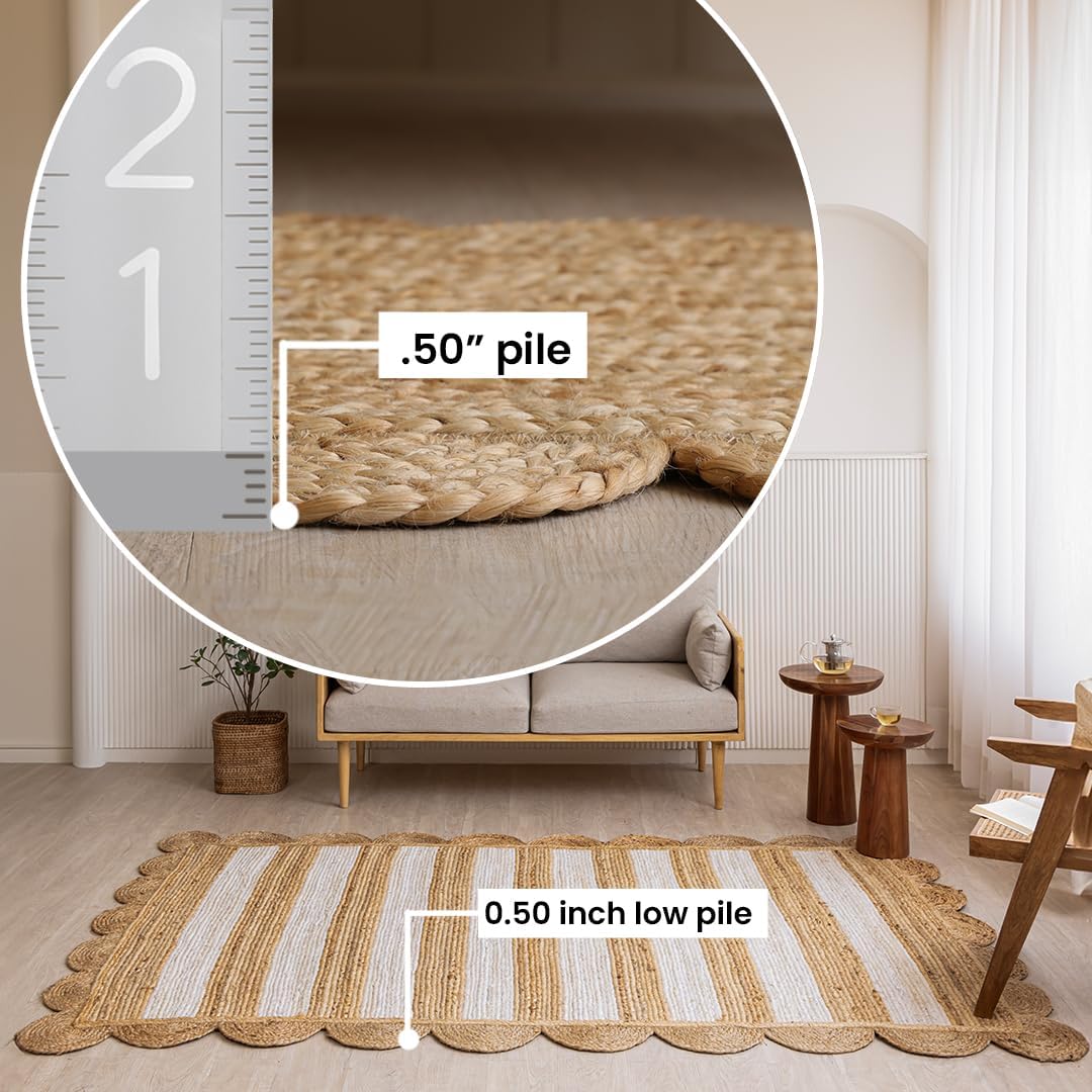 Natural jute area rug with 0.50 inch low pile, featuring woven beige and striped design.