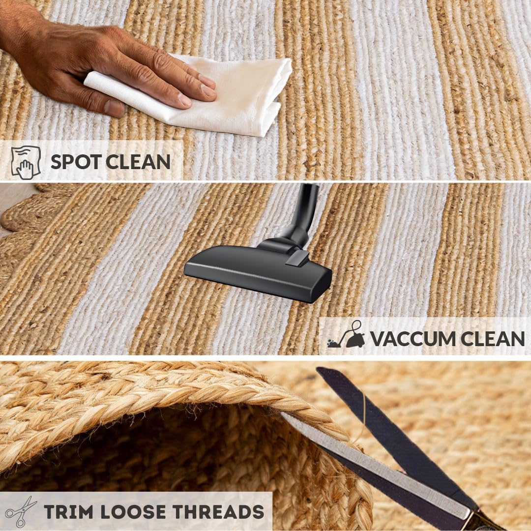 Care instructions for a striped jute area rug: spot clean, vacuum, and trim loose threads.