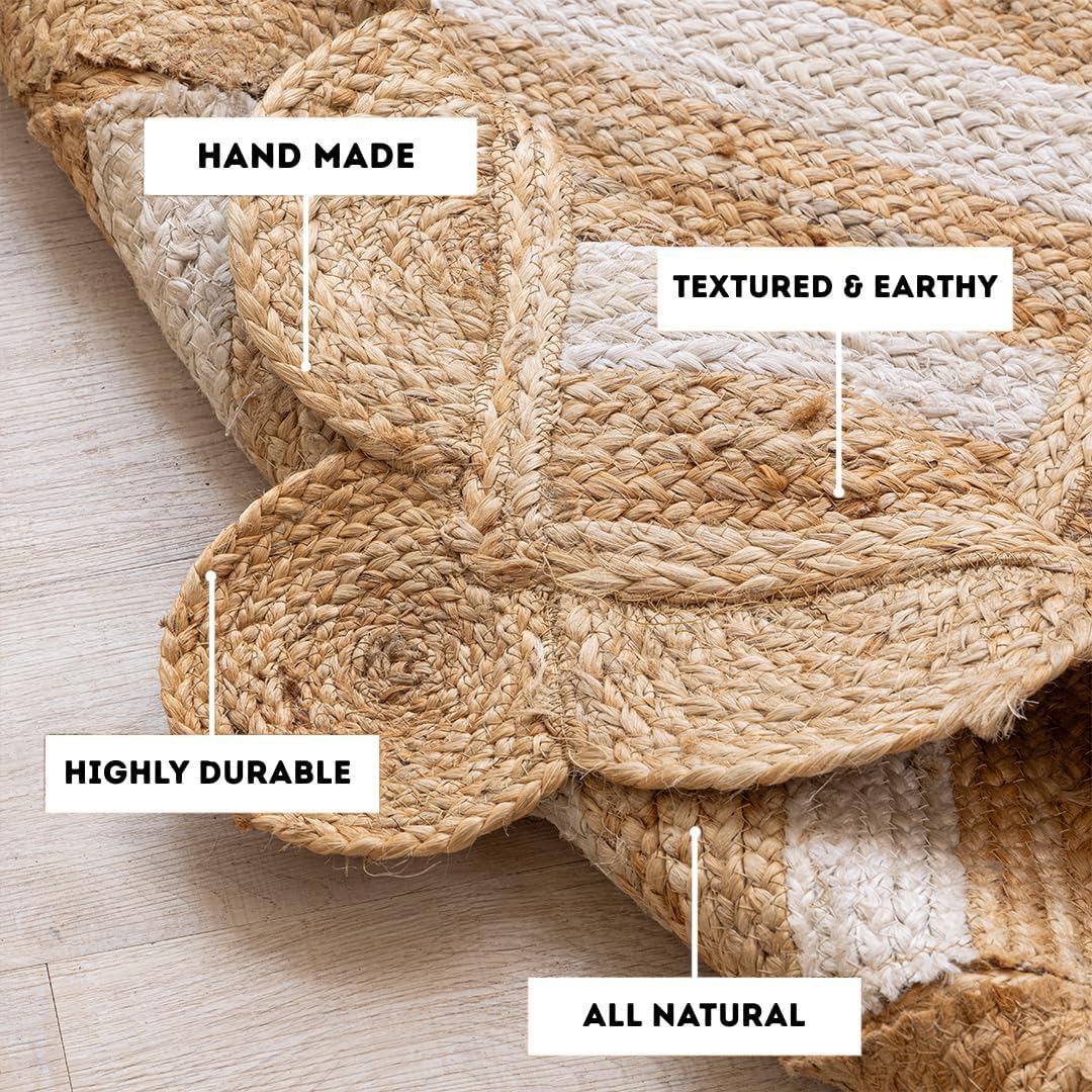 Handmade durable jute rug with textured design in earthy tones, ideal for natural home decor.