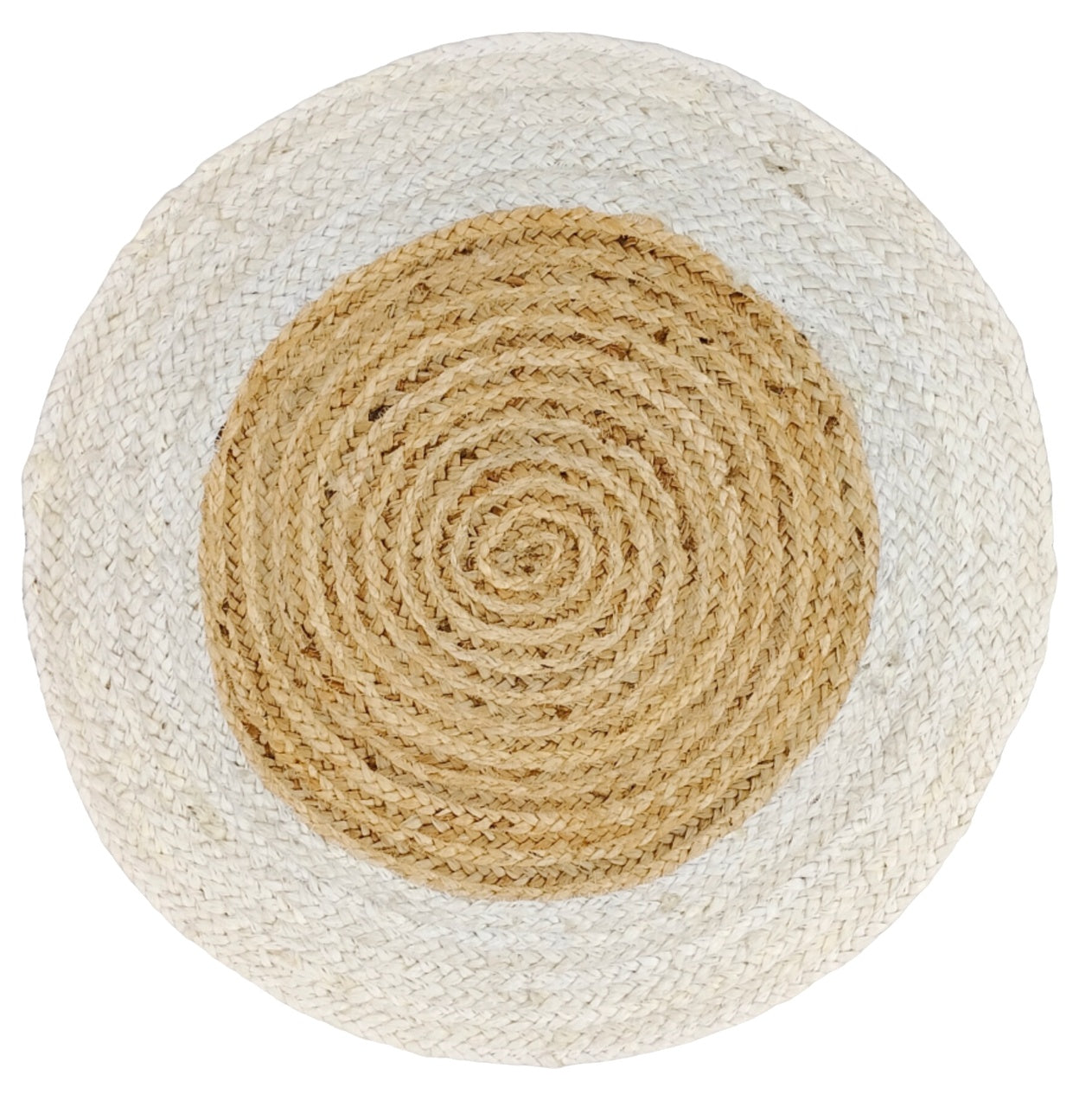 Round woven mat with beige center and white border on a white background