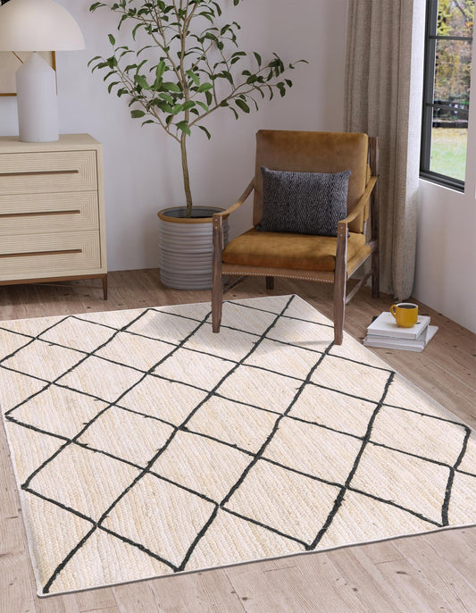 Living room with a patterned rug, chair, and decor items.