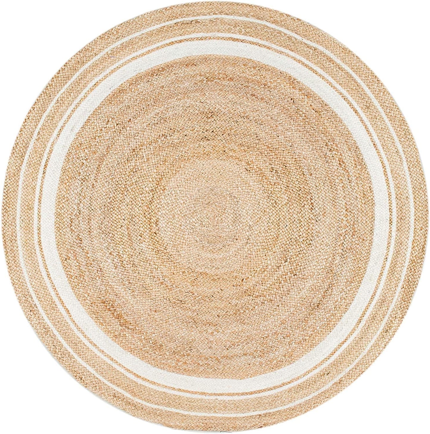 Round beige rug with white border on a white background