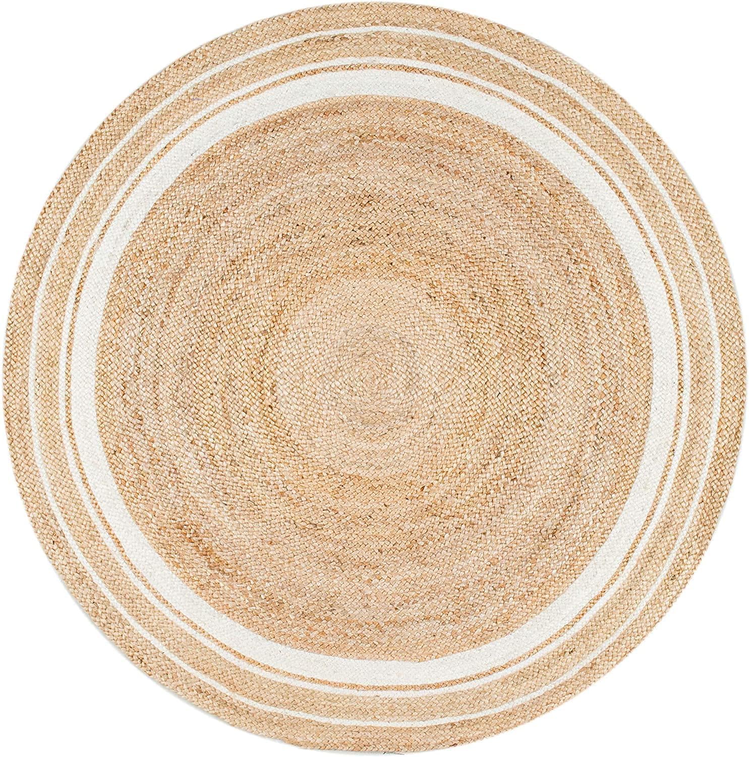 Round beige rug with white border on a white background