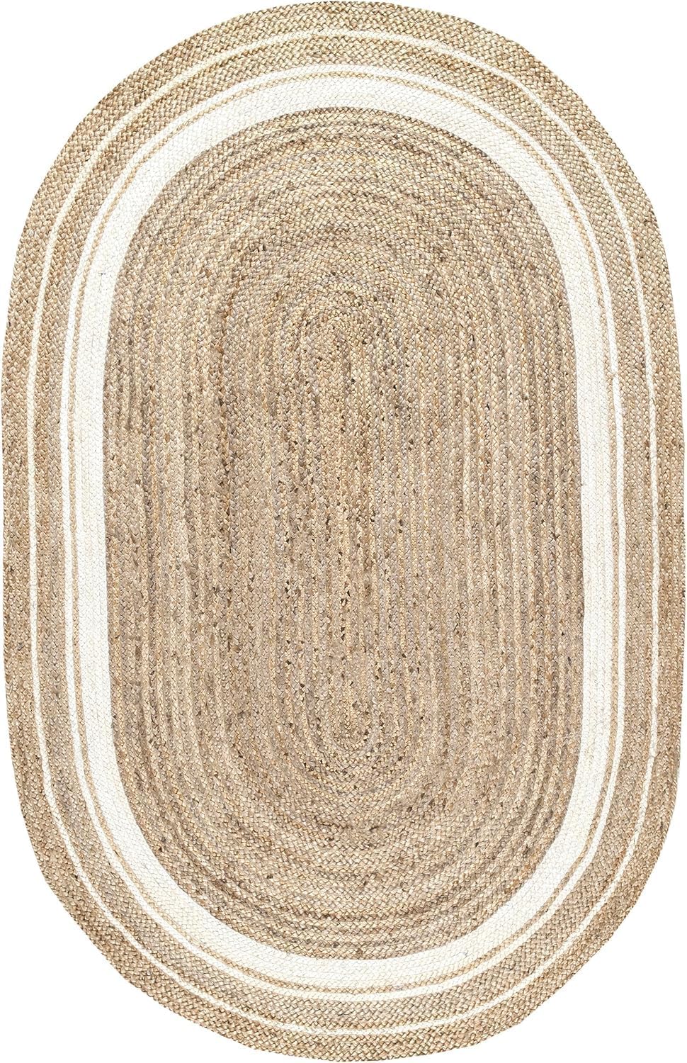 Beige braided rug with white border on a white background