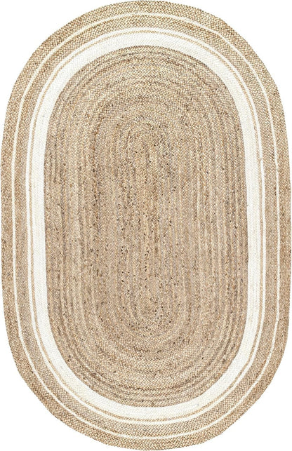 Beige braided rug with white border on a white background