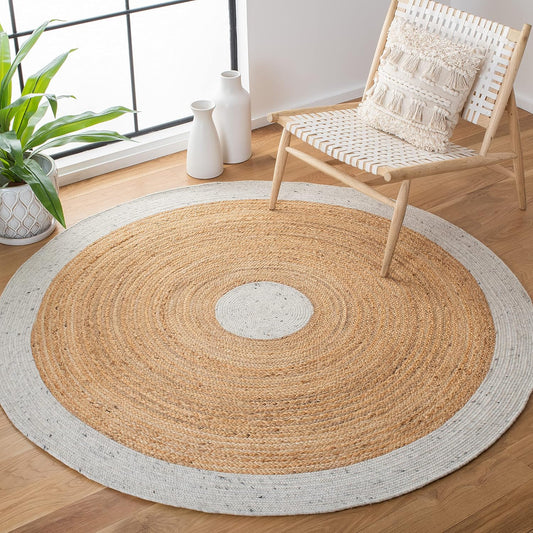 Round jute rug with beige and white color, perfect for modern interior decor.