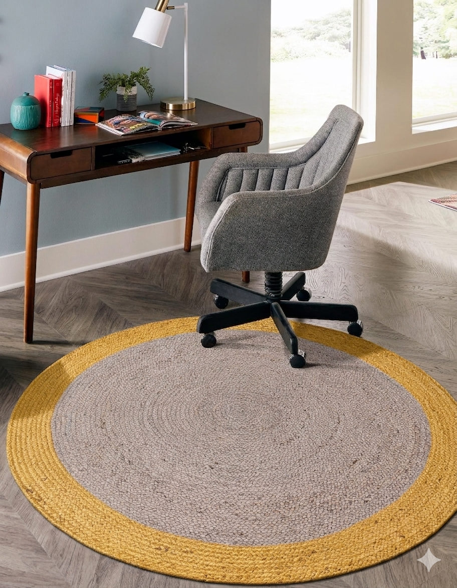 Round gray and yellow rug in front of a desk with a chair.