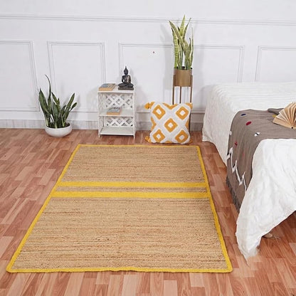 Natural Jute Area Rug floor carpet rectangular woven jute with yellow border in living room