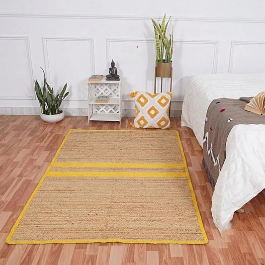 Natural Jute Area Rug floor carpet rectangular woven jute with yellow border in living room