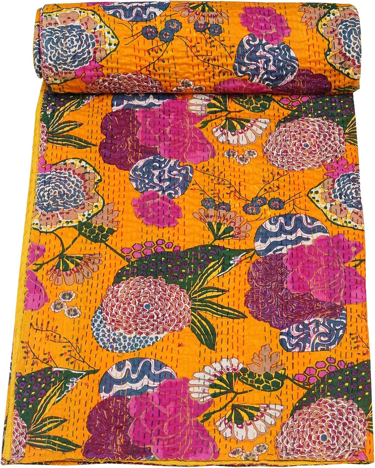Yellow kantha bedcover from handmade floral cotton quilt, with boho vintage bedspread.
