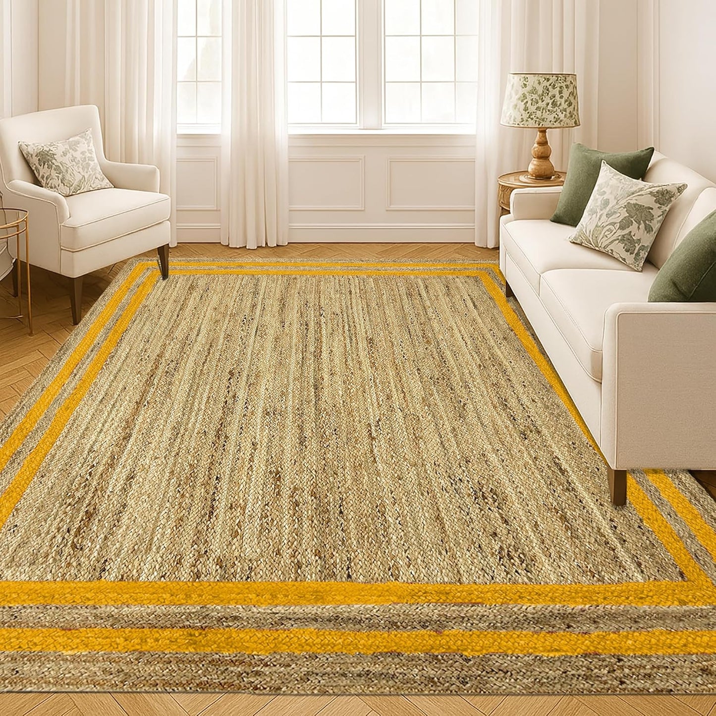 Living room with a large beige rug featuring yellow stripes, white sofa, and armchair.