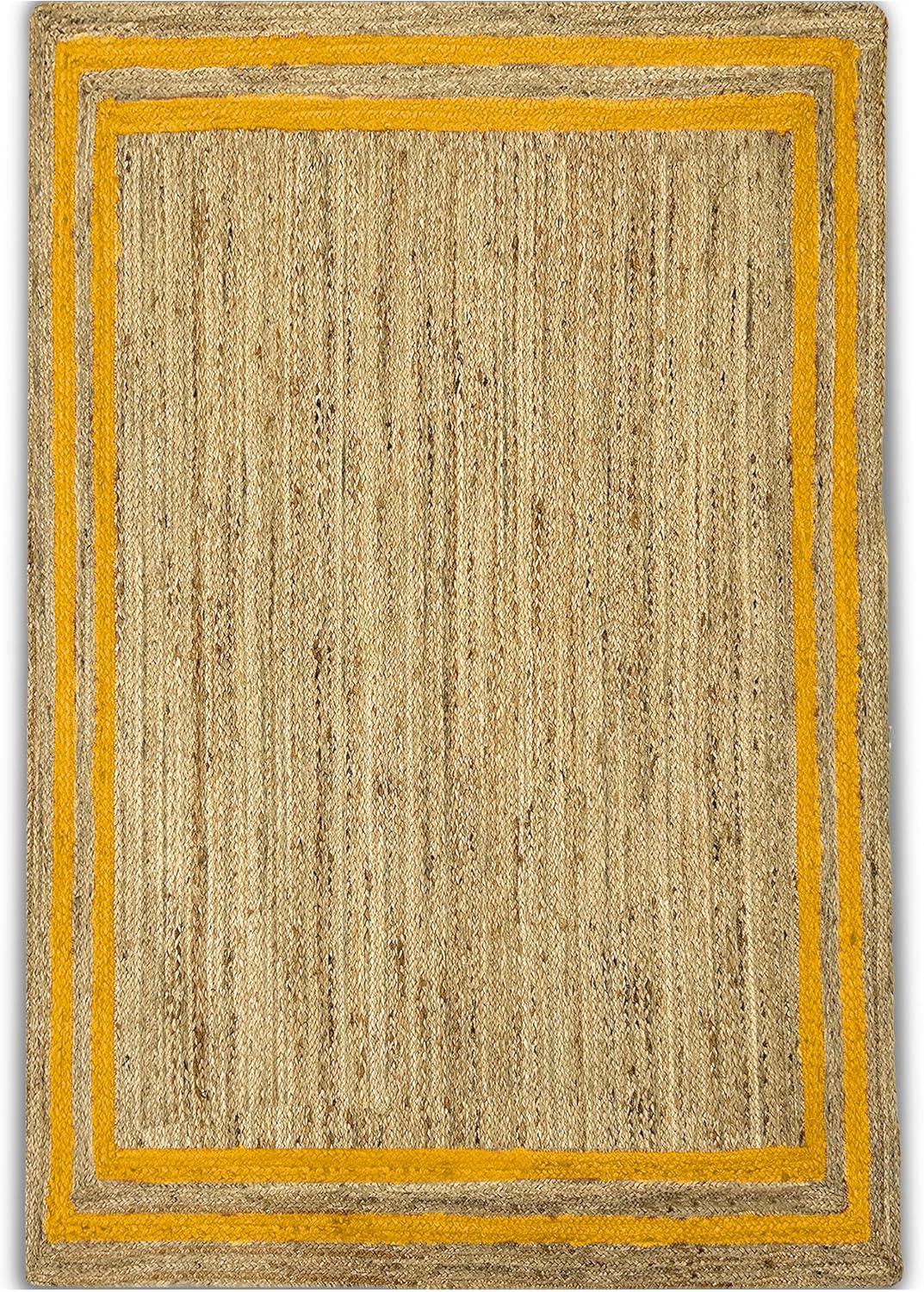 Beige area rug with a yellow border on a white background