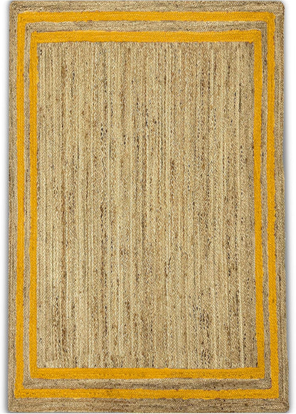 Beige area rug with a yellow border on a white background