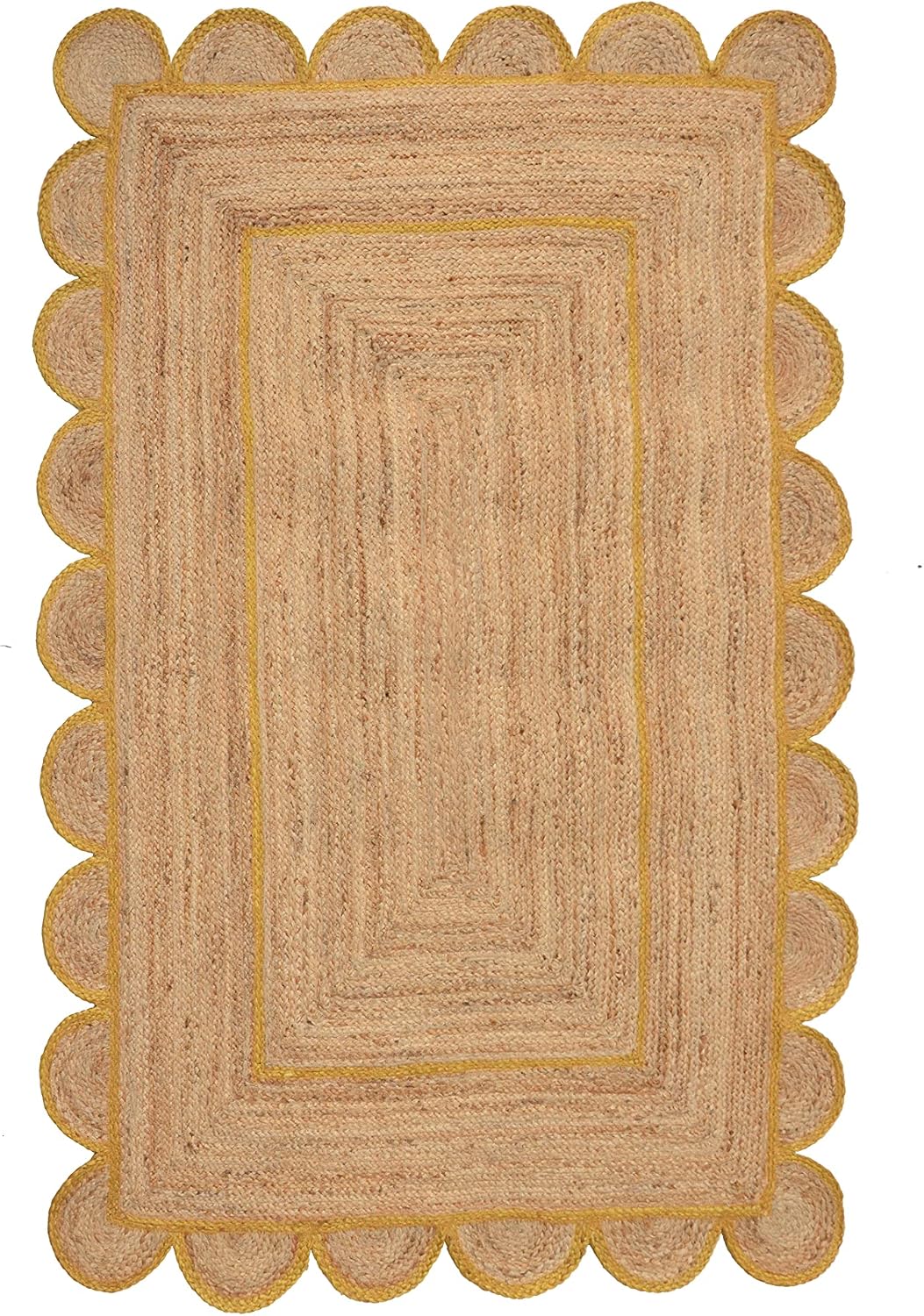 A rectangular natural jute rug with a scalloped border and concentric rectangular pattern, shown flat against a white background.