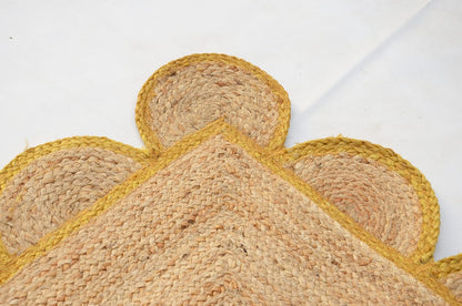 Handmade Natural Yellow Scalloped Jute Rug Rectangle Braided Area Rug Farmhouse Boho Living Room Bedroom Entryway Rug