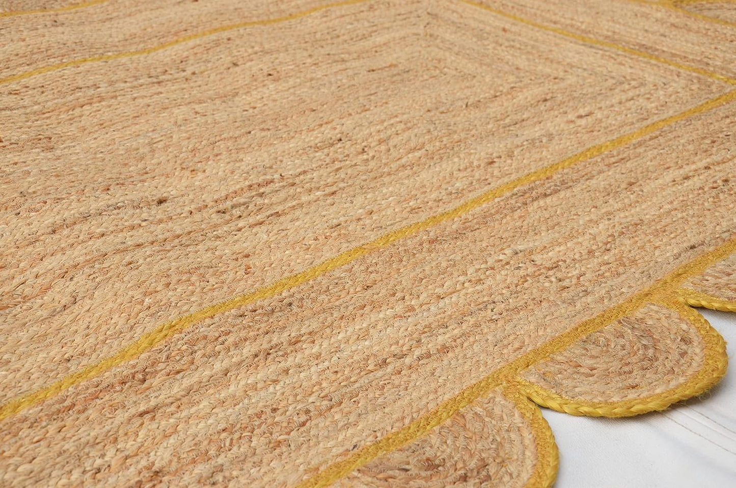 Handmade Natural Yellow Scalloped Jute Rug Rectangle Braided Area Rug Farmhouse Boho Living Room Bedroom Entryway Rug