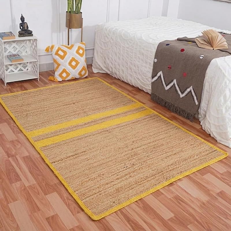 Natural Jute Area Rug beige jute floor carpet with yellow border in living room bedroom