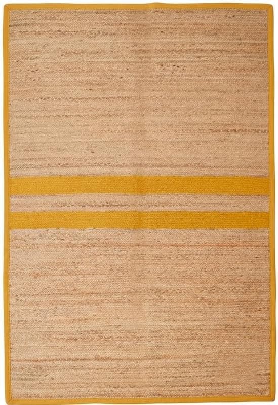 Natural Jute Area Rug rectangular floor carpet rug with woven tan stripes and border