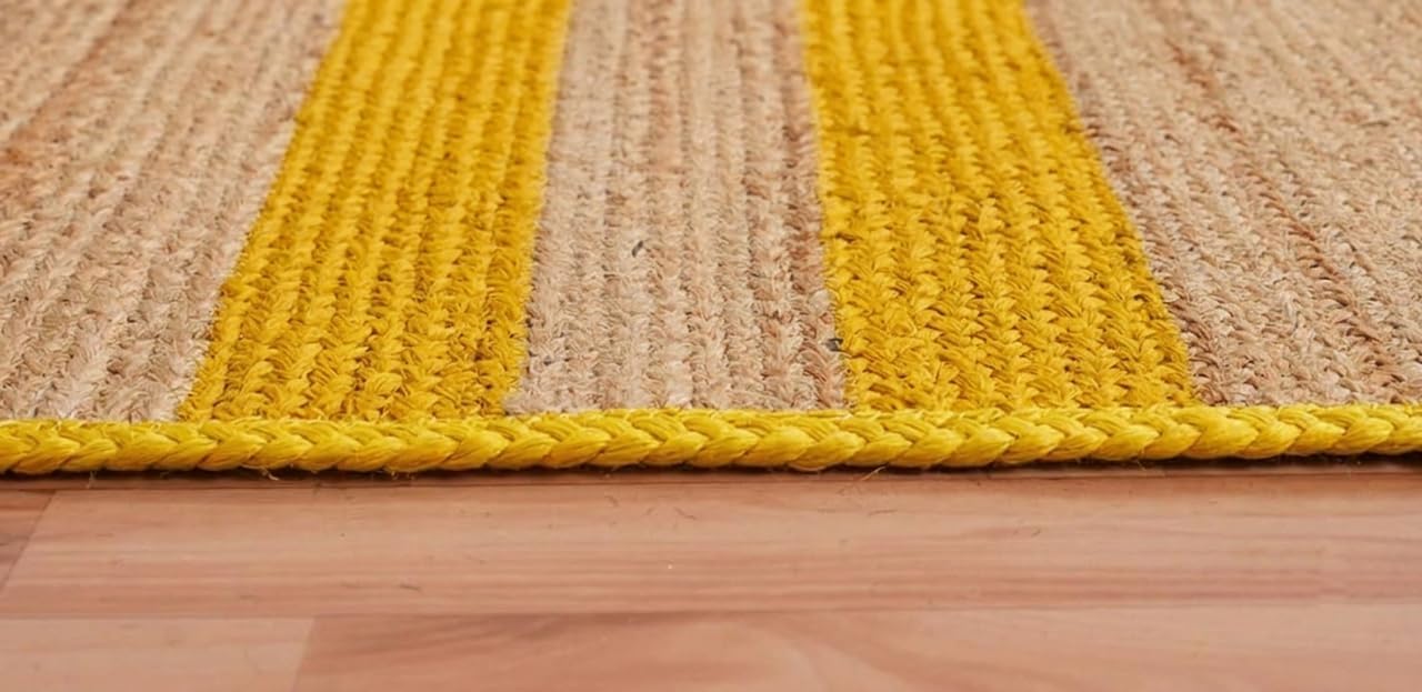 Woven Bed Side Runner in natural jute with yellow stripes, handmade Jute Runner
