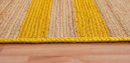 Woven Bed Side Runner in natural jute with yellow stripes, handmade Jute Runner